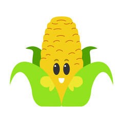 Lovely corn peeks out from behind the leaves. Kawaii Cartoon Flat Vegetable