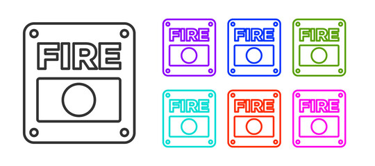 Black line Fire alarm system icon isolated on white background. Pull danger fire safety box. Set icons colorful. Vector