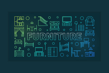 Furniture vector thin line colored horizontal illustration