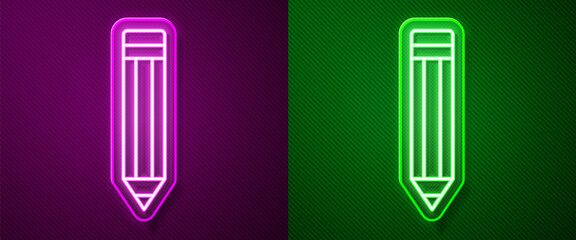 Glowing neon line Pencil icon isolated on purple and green background. Drawing and educational tools. School office symbol. Vector