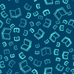 Green line Open book icon isolated seamless pattern on blue background. Vector