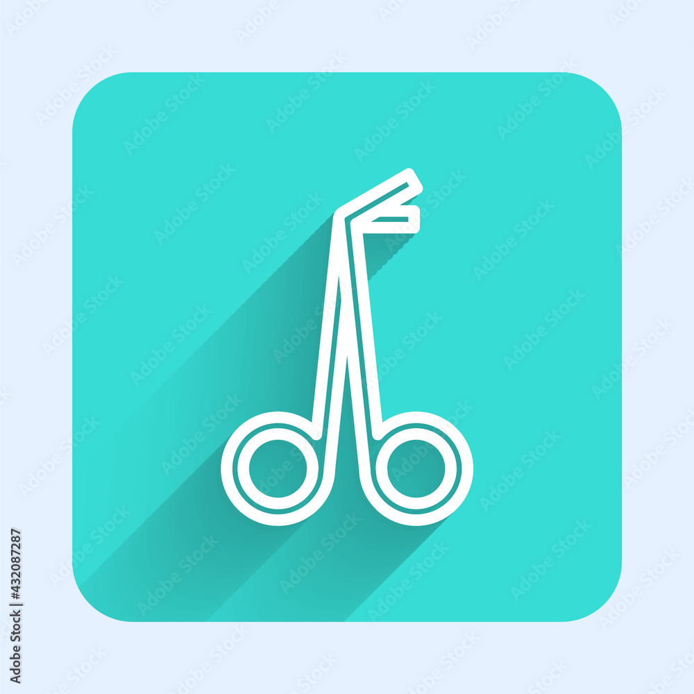 Poster white line medical scissors icon isolated with long shadow. green square button. vector