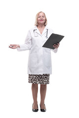 full-length. female doctor with clipboard. isolated on a white