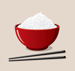 Red rice bowl and black chopsticks icon on a blackish cream background. Catoon style food for restaurant.