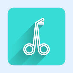 White line Medical scissors icon isolated with long shadow. Green square button. Vector