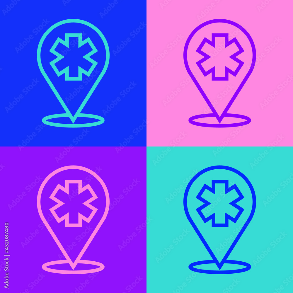 Poster pop art line medical map pointer with cross hospital icon isolated on color background. vector