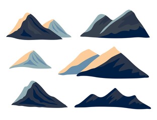 Simple vector set in flat style. Mountains isolated on white background. Collection of mountainous landscape for stickers, logo, label. Nature, tourism and sports. Dark silhouette of rocks.