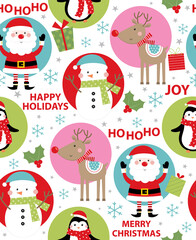 Fototapeta premium cheerful christmas seamless pattern with santa claus, reindeer, snowman and penguin design