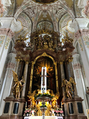 Oppulent Bavarian Baroque and rococo interior style architecture inside Roman Catholic church or...