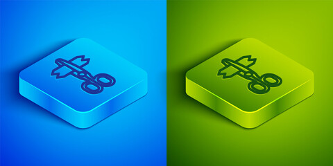 Isometric line Scissors icon isolated on blue and green background. Tailor symbol. Cutting tool sign. Square button. Vector