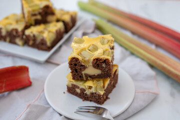 Home made rhubarb cheesecake chocolate brownie on a table