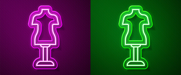 Fototapeta na wymiar Glowing neon line Mannequin icon isolated on purple and green background. Tailor dummy. Vector