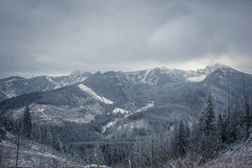 Dark winter day in Western Tatra Mountains, Poland. Overcast sky over snowy peaks and coniferous forest. Selective focus on the ridge, blurred background.