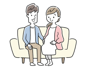 ベクターイラスト素材：ソファーに座る妊婦の妻と夫、夫婦
