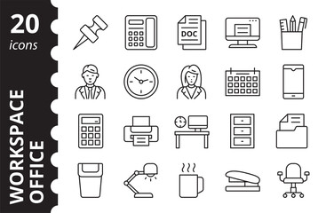 Office workspace elements icon set. Collection linear symbols. Simple vector illustration.