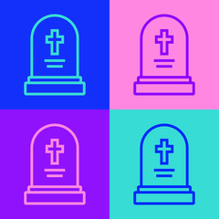 Pop art line Grave with tombstone icon isolated on color background. Vector