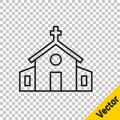 Black line Church building icon isolated on transparent background. Christian Church. Religion of church. Vector