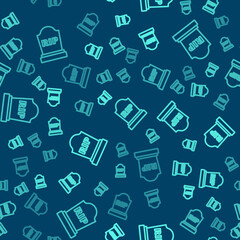 Green line Tombstone with RIP written on it icon isolated seamless pattern on blue background. Grave icon. Vector