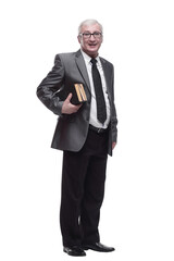 smiling business man with a stack of books.