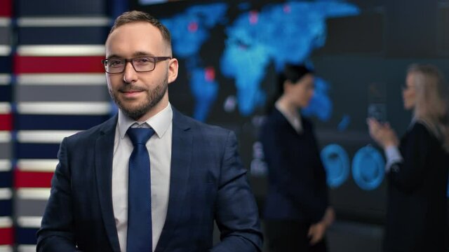 Portrait of successful business male smiling posing at hi tech innovation office in tie suit 