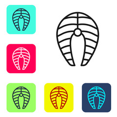 Black line Fish steak icon isolated on white background. Set icons in color square buttons. Vector