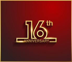 16 anniversary line style golden color for celebration on red background can be use for template, greeting card and celebration event