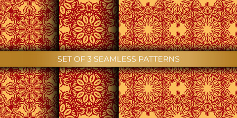 Set of Chinese seamless pattern with ornament with red and gold color. Good for clothing and textiles. Vector illustration.