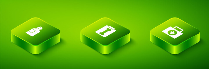 Set Isometric X-ray shots, First aid kit and Bottle of medicine syrup icon. Vector
