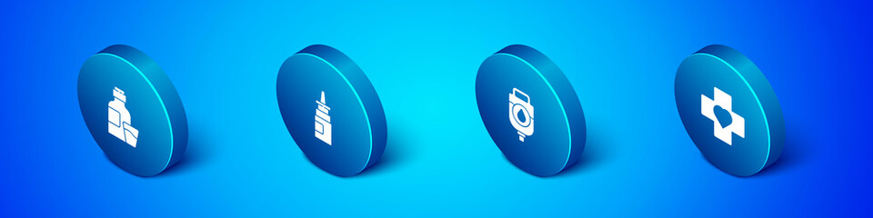 Set Isometric Bottle of medicine syrup, IV bag, Heart with cross and nasal spray icon. Vector