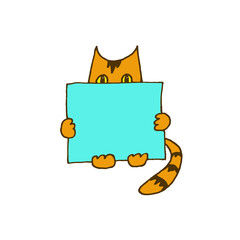 Ginger Cat With turquoise Board And Butterfly Illustration, graphic drawing on white background