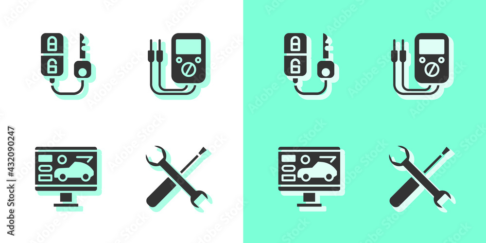 Poster set screwdriver and wrench spanner, car key with remote, diagnostics condition of car and multimeter