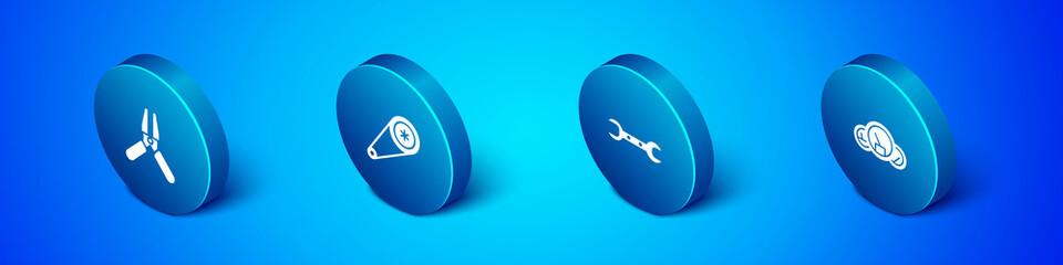 Set Isometric Car battery jumper power cable, Wrench spanner, Speedometer and Timing belt kit icon. Vector