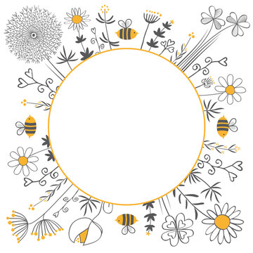 Blumen Wiese mit Bienen um symbolische Sonne, Erde, Welt - Tag der Erde Illustration Vektor