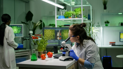 Biologist researcher analyzing biological slide for agriculture expertise using microscope. Chemist...