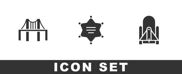 Set Golden gate bridge, Hexagram sheriff and Rocket launch from the spaceport icon. Vector