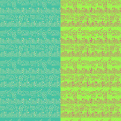 Set of seamless patterns with cartoon houses drawn in outline style