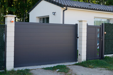 sliding brown gate modern aluminum portal to home access door