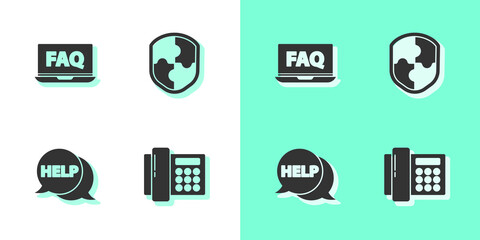 Set Telephone, Laptop and FAQ, Speech bubble with text Help and Shield icon. Vector