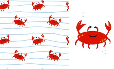 Red crab seamless pattern and illustration. Cartoon hand drawn marine childish clothers set, underwater animal on blue background. Kids decor textile, wrapping paper wallpaper vector print or fabric - obrazy, fototapety, plakaty