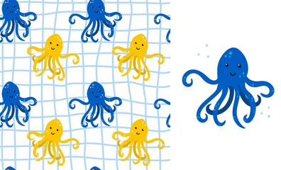 Fototapeta na wymiar Octopus seamless pattern and illustration. Cartoon hand drawn marine childish clothers set, underwater animal on blue background. Kids decor textile wrapping paper wallpaper vector print or fabric