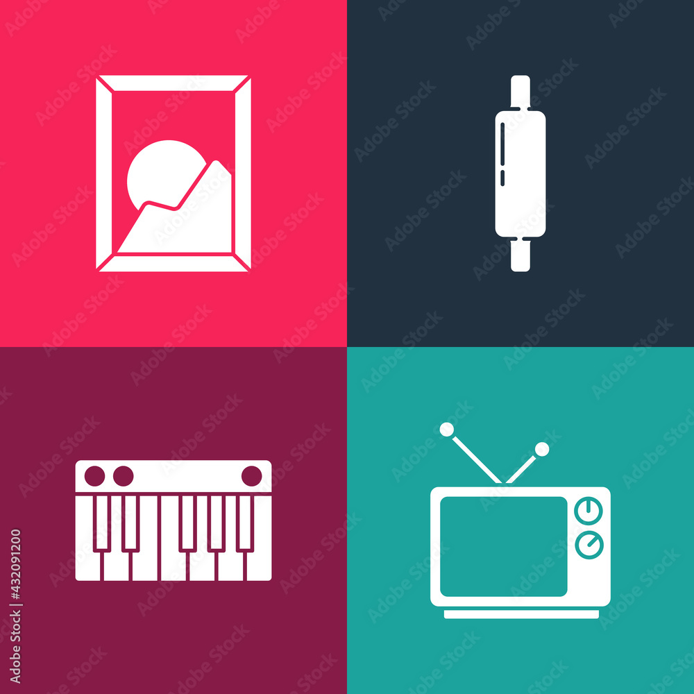 Canvas Prints set pop art retro tv, music synthesizer, rolling pin and picture landscape icon. vector