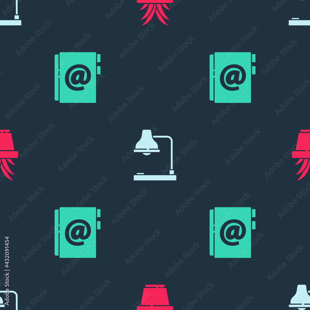 Poster set plant in pot, table lamp and address book on seamless pattern. vector