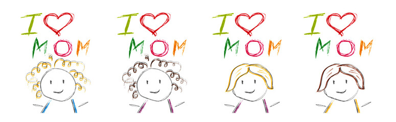 Happy Mother's Day greeting cards (or posters) set. Made in the form of children's drawings with bright different colors. With the text: I love mom. With heart