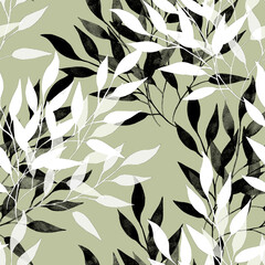 Watercolor branch.Seamless pattern of autumn tree branches.Image on white and colored background