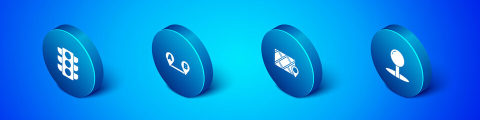 Set Isometric Traffic light, City map navigation, Push pin and Route location icon. Vector