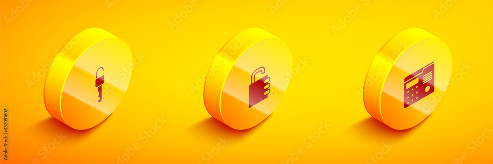Poster set isometric unlocked key, safe combination and house intercom system icon. vector