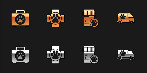 Set Pet first aid kit, Veterinary clinic, Dog medicine bottle and ambulance icon. Vector