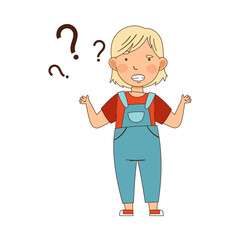 Puzzled Little Girl with Question Mark Shrugging Her Shoulders Wondering Vector Illustration