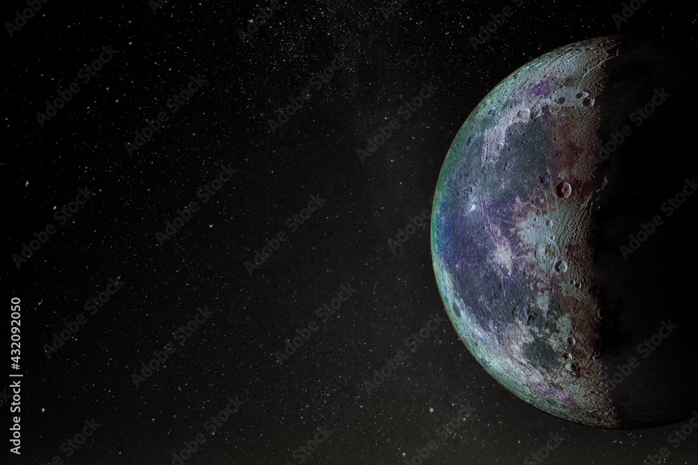 Poster half blue moon surface with craters shining in the starry sky with copy space. elements of this imag