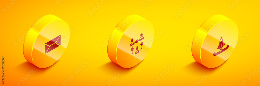 Poster set isometric envelope, project team base and rocket icon. vector